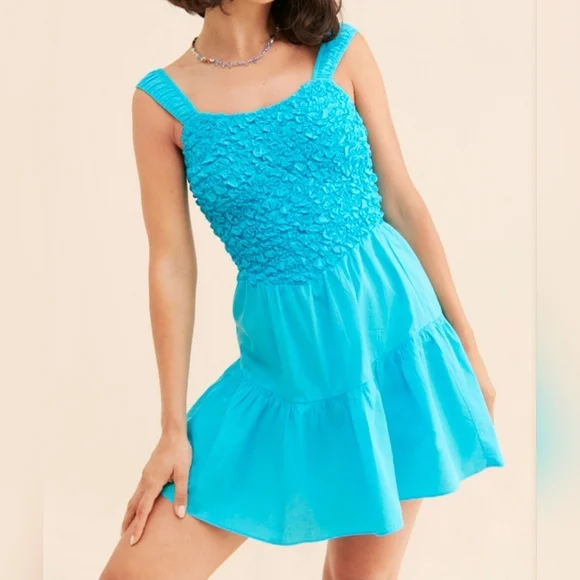 SAYLOR Mariah Smocked Textured Mini Tank Dress, Flounced Hem, Blue - Picture 7 of 13